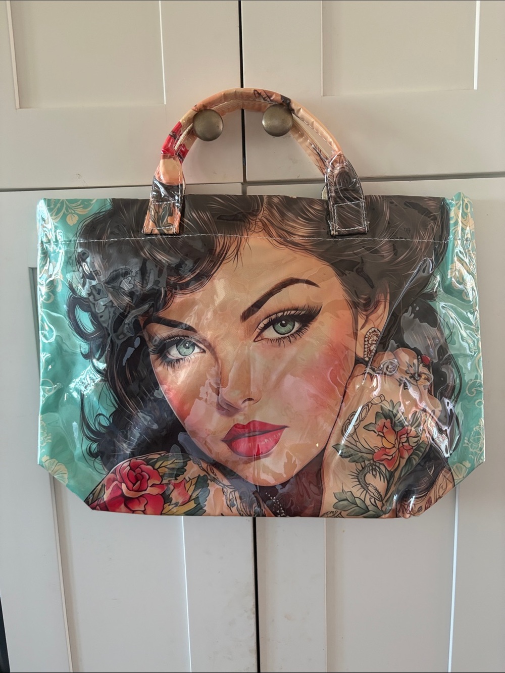 Aqua Illustrated Portrait Tote Bag with Floral Tattoo Art Gallery. New Large